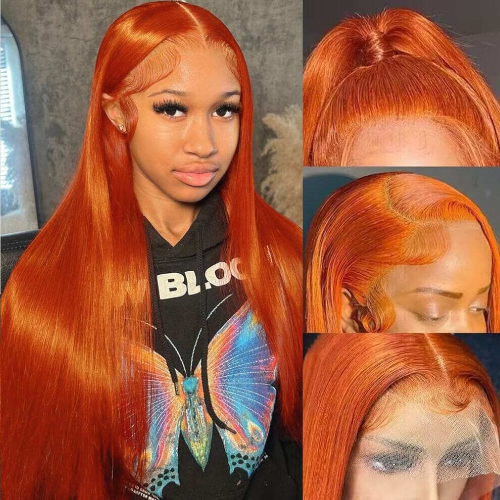 Unisex Orange Ginger 13X4 Hd Lace Front Wig Human Hair, Preplucked Brazilian Virgin Hair