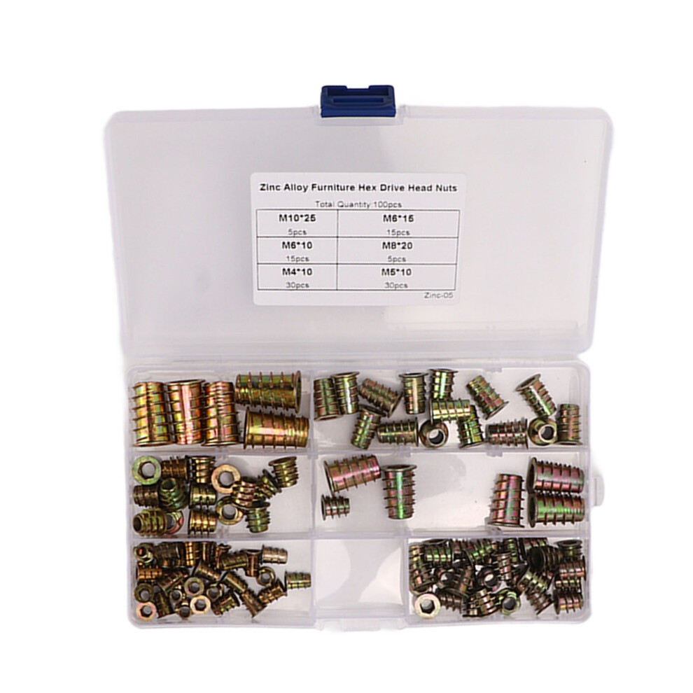 Zinc Alloy Furniture Nuts Assortment Set 100Pcs M4 M5 M6 M8 M10 Storage Box 9471382231794
