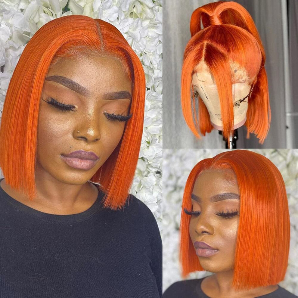 Unisex Orange Bob Wig Lace Front Human Hair 13X4x1 Pre Plucked Brazilian Virgin Hair 12Inch 180 Density