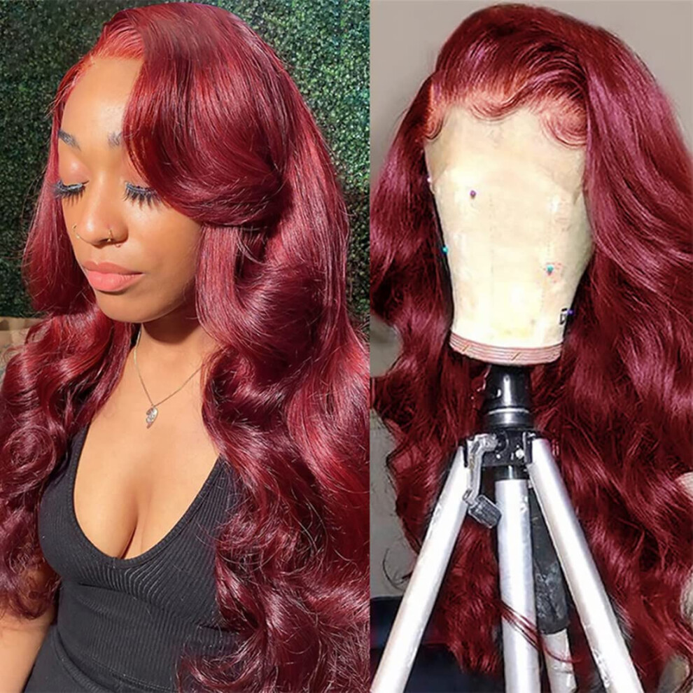 Unisex Red Burgundy Lace Front Wig Human Hair Body Wave 13X4 Brazilian 99J Glueless Pre Plucked 20 Inch