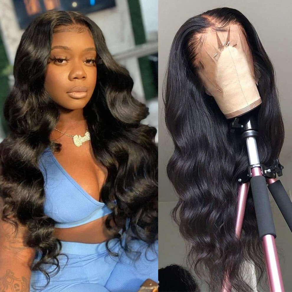 Unisex Black 32 Inch Body Wave Human Hair Lace Front Wig For Women 13X4 Glueless Pre Plucked Natural Hairline