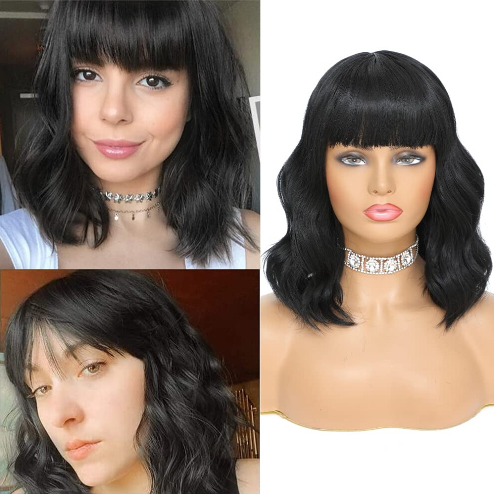 Unisex Black Bob Wig, Short Wavy Wig With Bangs, Heatresistant Synthetic Fiber, 14 Inch Shoulder Length