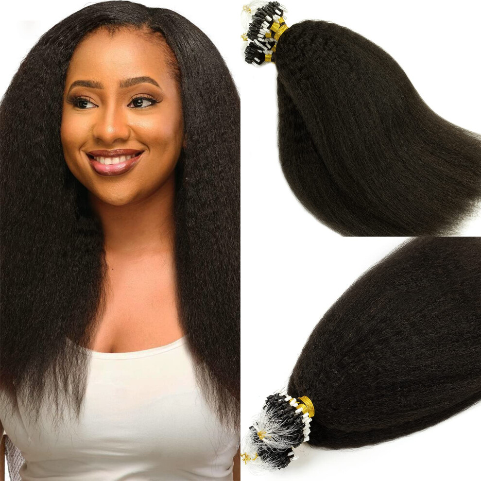 Unisex Black Microlink Hair Extensions 20 Inch Natural Kinky Straight Virgin Human Hair For Women #1B
