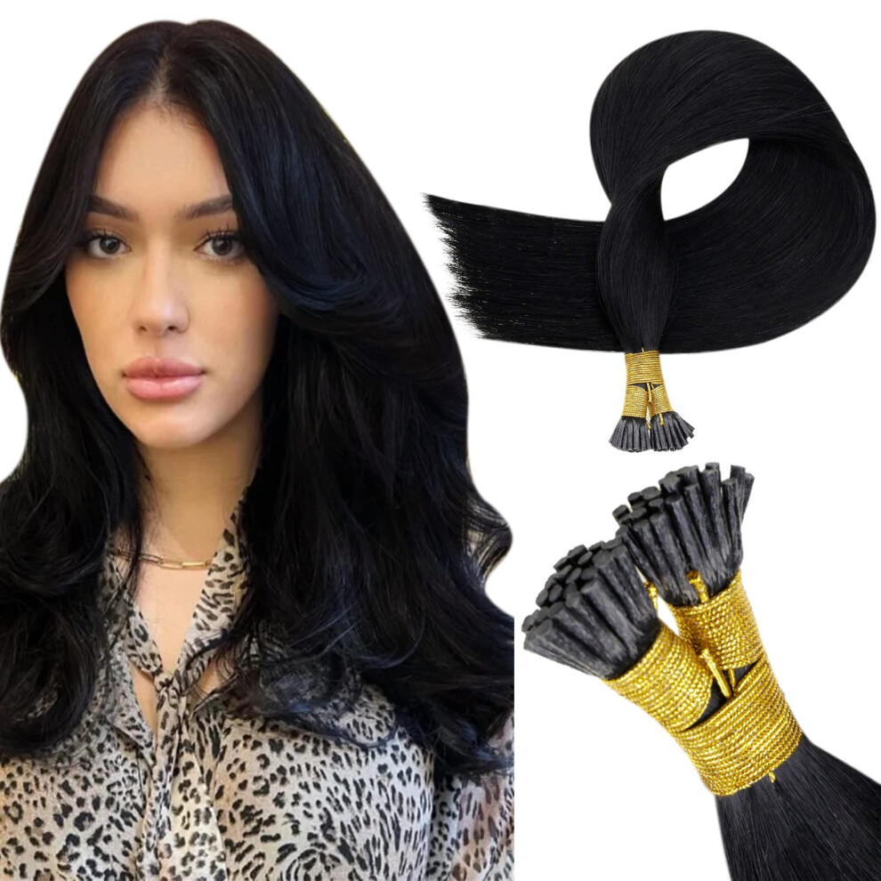 Unisex Black 20 Inch I Tip Human Hair Extensions Jet Remy Pre Bonded Keratin For Women 50G