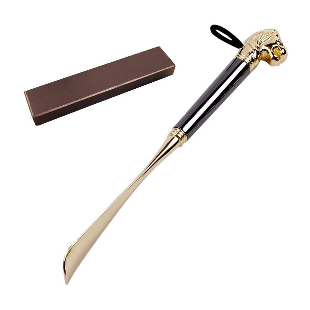 Metal Shoe Horn 22cm with Lion Head Handle, Ergonomic Curved Design, Gift Box for Seniors