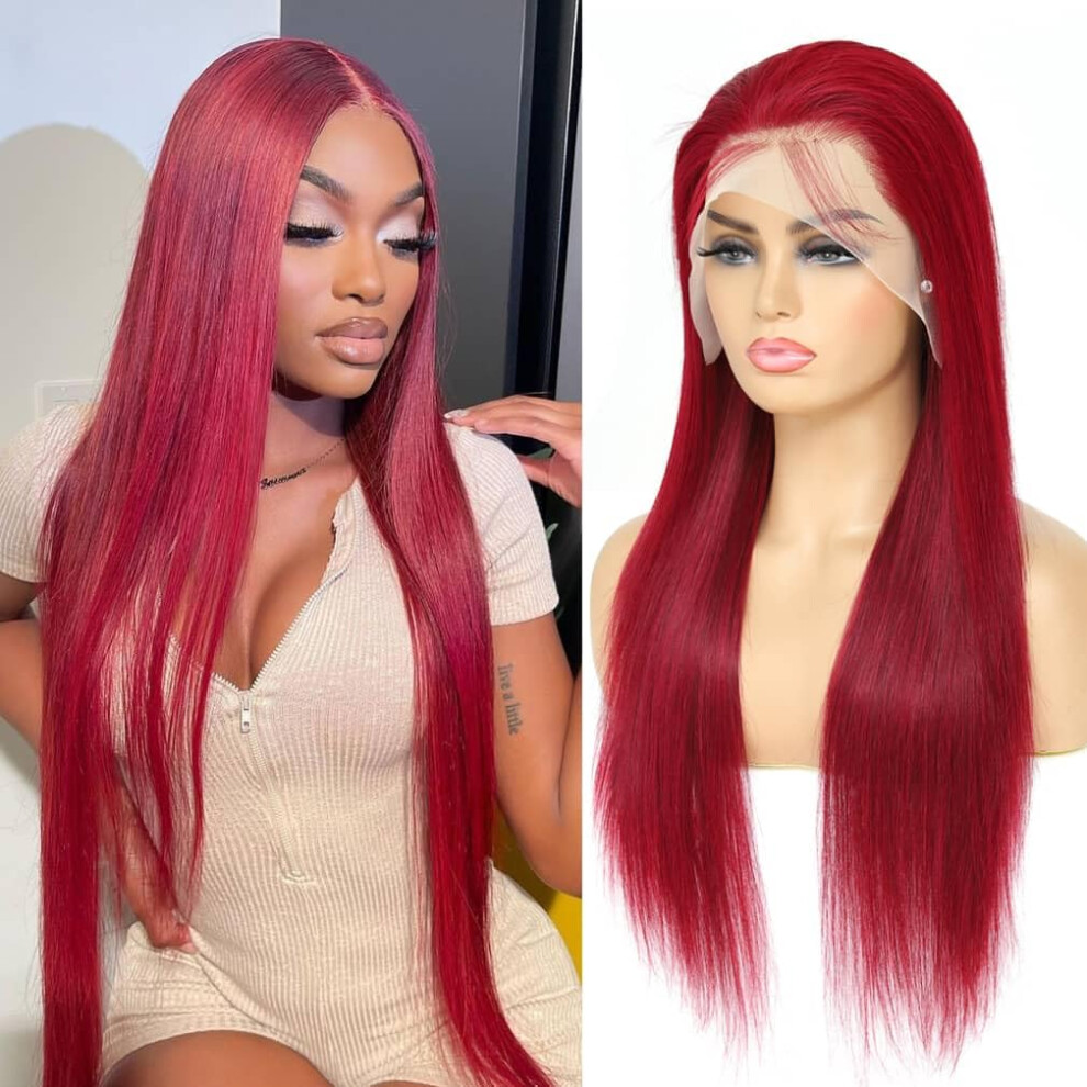 Unisex Red Burgundy Lace Front Wig 99J Human Hair 13X4 Glueless Pre Plucked With Baby Hair 180 Density 22 Inch