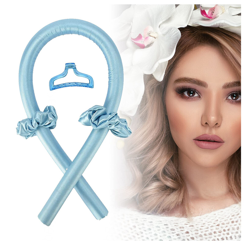 Blue Heatless Curling Ribbon Set For Overnight Curls, Soft No Heat Hair Curler With Hair Ties,
