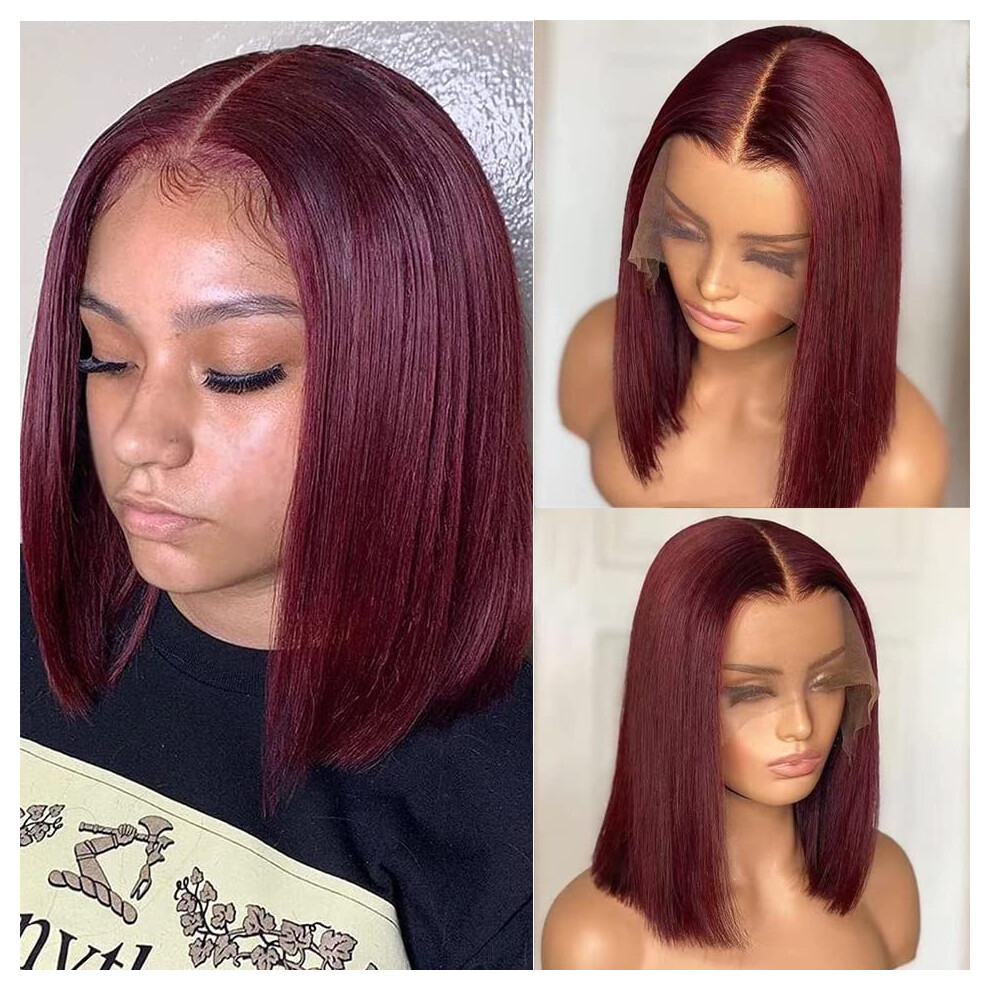 Unisex Red 99J Burgundy 13X4 Lace Front Bob Wig Human Hair Wine Straight 12Inch Natural Hairline