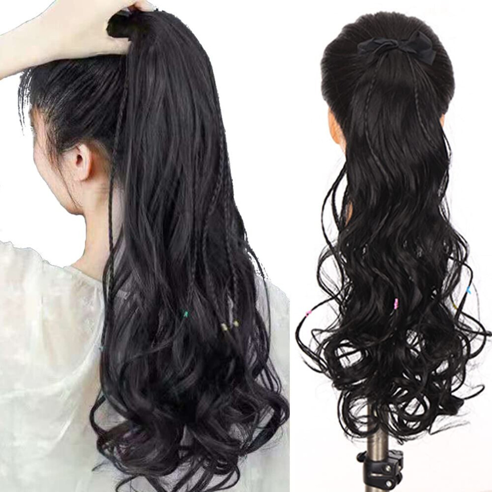 Unisex Synthetic Curly Ponytail Extension With Braids, Heatresistant Clipin Hair Topper For Women 55Cm