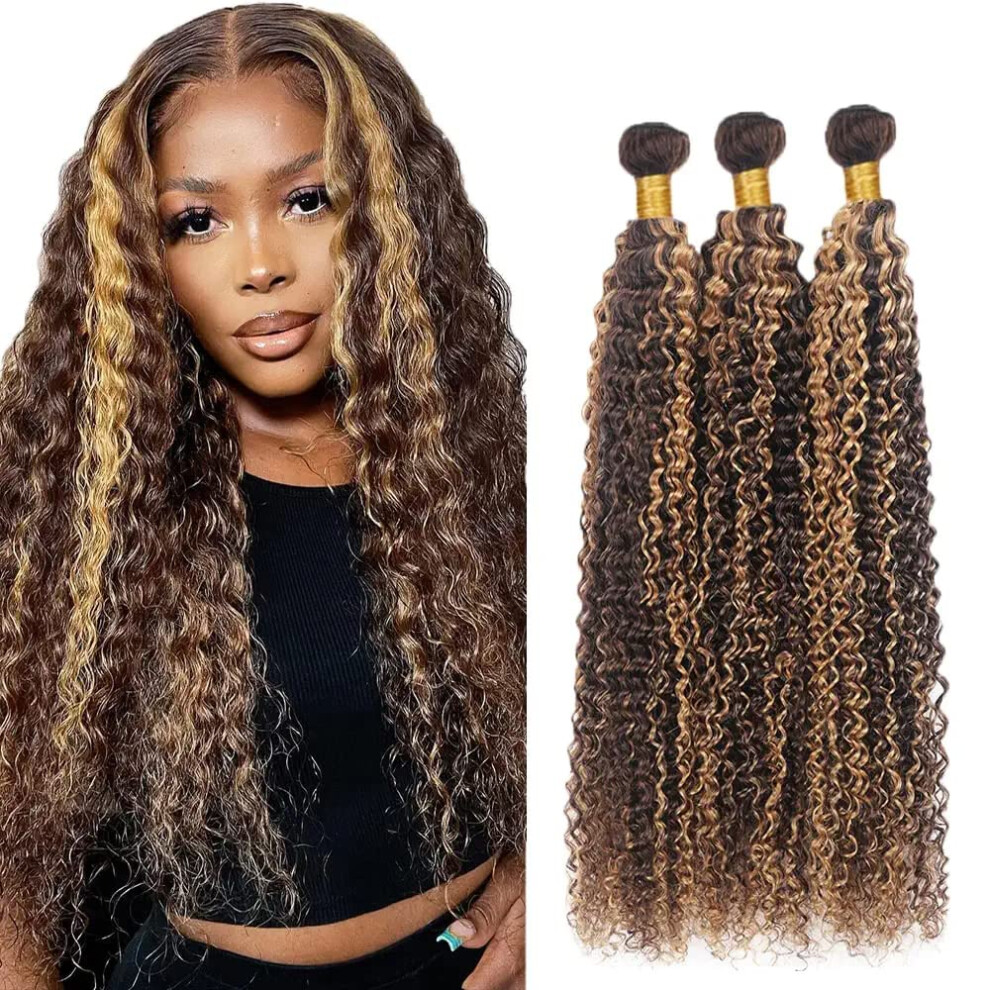 Unisex Brazilian Remy Human Hair Kinky Curly Bundles Ombre Highlight P4/27 Weave 14 16 18 Inch
