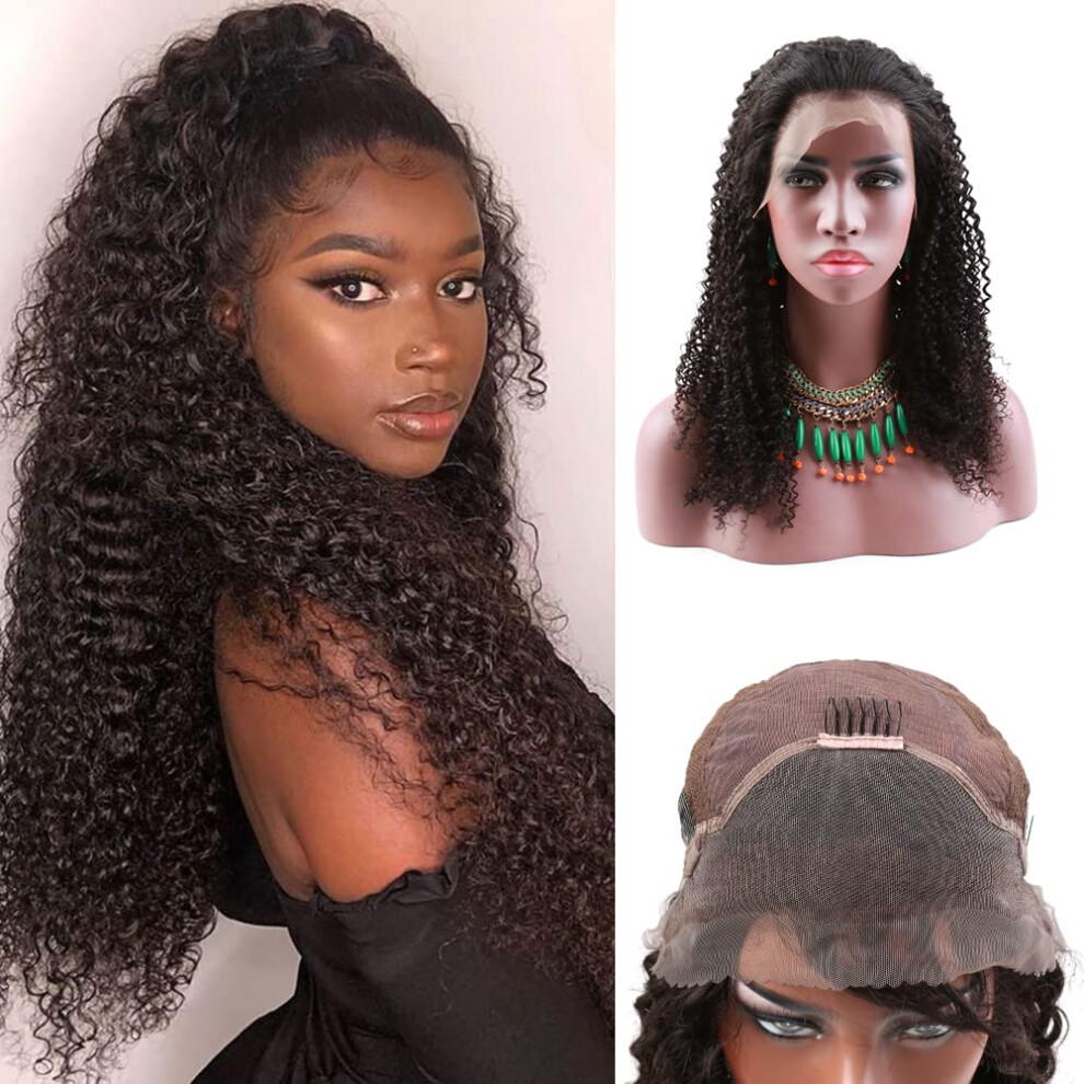 Unisex Black Kinky Curly Lace Front Wig 13X4 Brazilian Virgin Human Hair 16 Inch Pre Plucked Natural Hairline