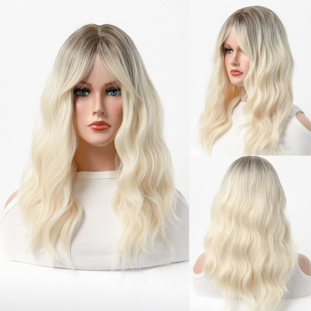 Unisex Blonde Shoulder Length Wavy Bob Wig With Bangs, Heat Resistant Synthetic Hair For Natural Look