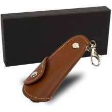 Travel Shoe Horn Foldable Stainless Steel with Leather Case and Keychain Compact Brown