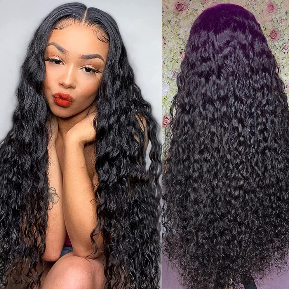 Unisex 13X6 Hd Transparent Lace Front Water Wave Human Hair Wig 150% Density Brazilian Preplucked 22Inch