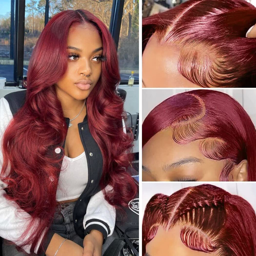 Unisex Red 13X6 99J Burgundy Body Wave Lace Front Human Hair Wig, Pre Plucked Transparent Lace 26 Inch