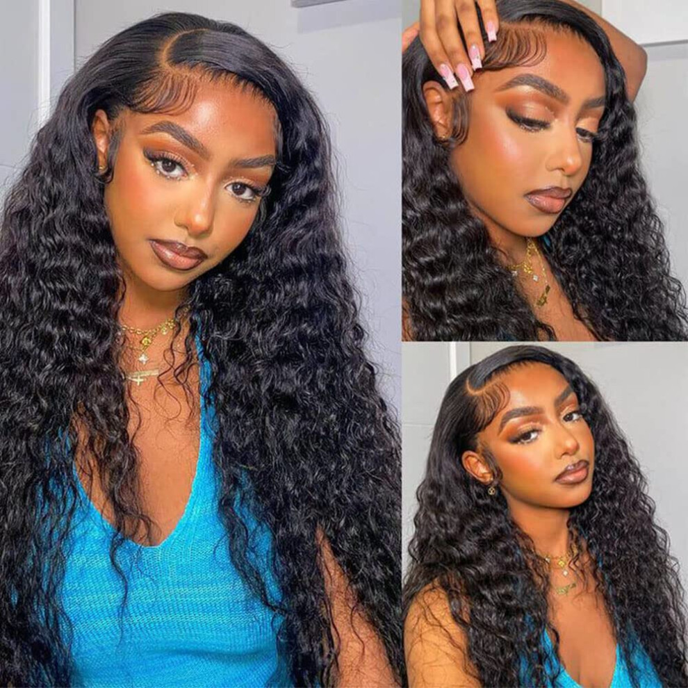 Unisex 26 Inch Deep Wave Lace Front Wig Human Hair Brazilian Glueless 13X4 With Baby Hair Natural Hairline