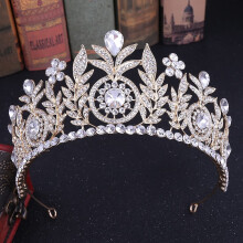 Bridal Crown with Baroque Gold Leaf Design and Crystal Sparkle Wedding Tiara for Bride