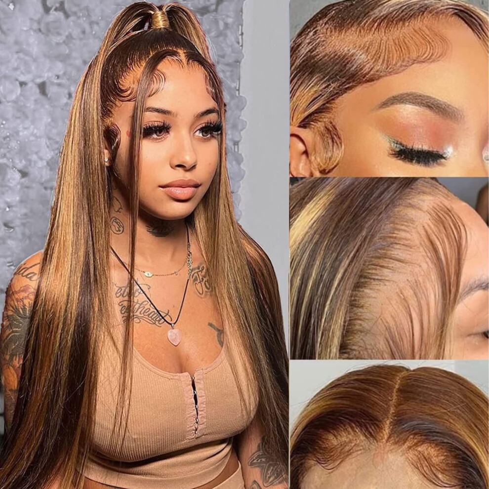 Unisex Honey Blonde Lace Front Wig Human Hair 13X4 Ombre Highlight 200 Density Pre Plucked Hd Lace