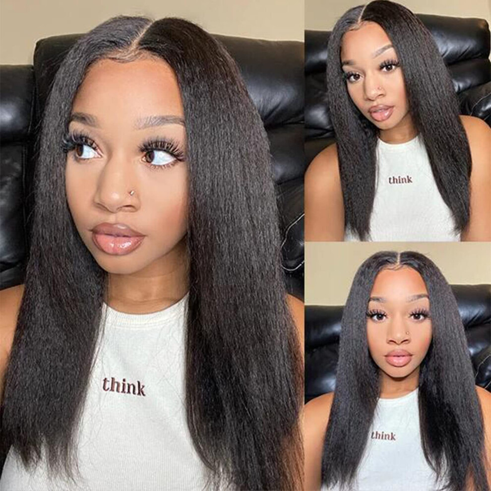 Unisex Black V Part Kinky Straight Wig 20 Inch No Glue Natural Hairline For Women Synthetic Yaki Straight
