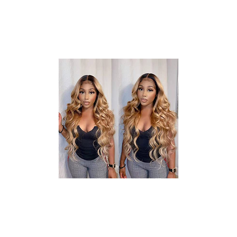 Unisex Honey Blonde Lace Front Wig Long Wavy Ombre Blonde Heat Resistant Synthetic Hair With Realistic Hairline