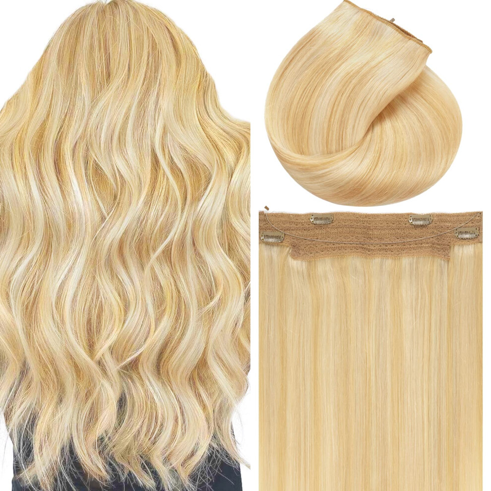 Unisex Invisible Wire Human Hair Extensions Ash Blonde Highlight 16 Inch Remy Fish Line 90G