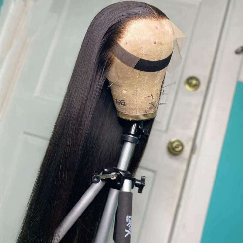 Synthetic Lace Front Wig Black Straight 22 Inch Heat Resistant Fiber 180 Density Natural Hairline