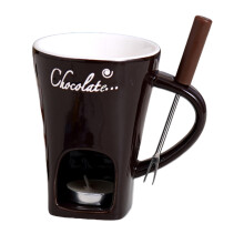 Ceramic Fondue Mug Set with Stainless Steel Fork, Tea Light Heated Chocolate, Cheese and Butter Warmer