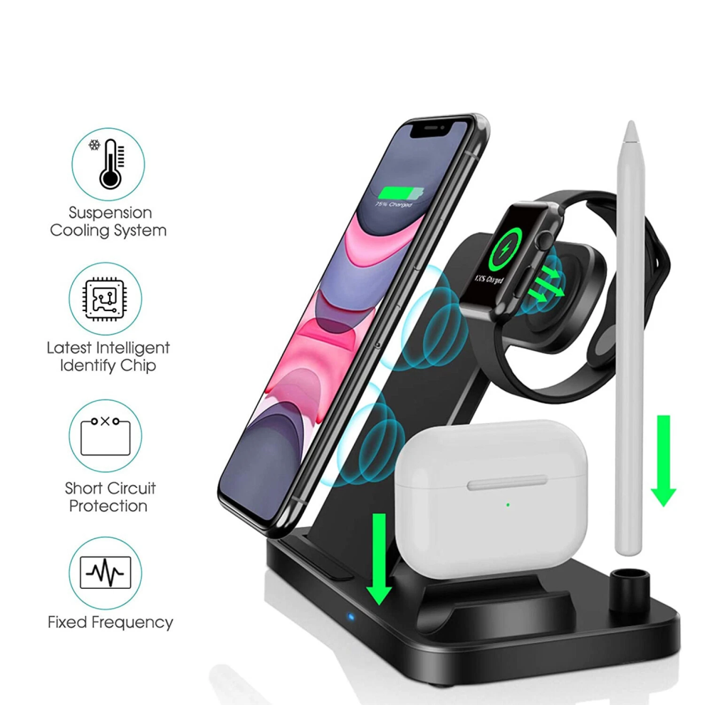4 In 1 Wireless Charger Charging Station Dock For Airpods Iphone Apple Watch Black 5061105062046
