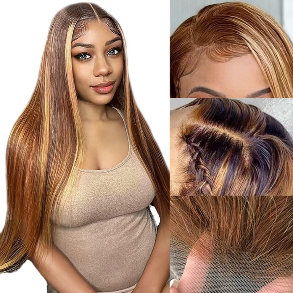 Unisex Black 26 Inch Ombre Lace Front Wig Human Hair, Pre Plucked Glueless Hd Lace, 150% Density Brazilian Virgin Straight 13X4 Frontal Wig For Women