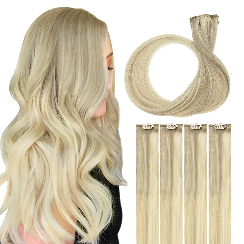 Unisex Golden 14 Inch Balayage Human Hair Clip In Extensions Ash Blonde To Blonde Remy, 100% Human Hair Natural Straight Seamless Design
