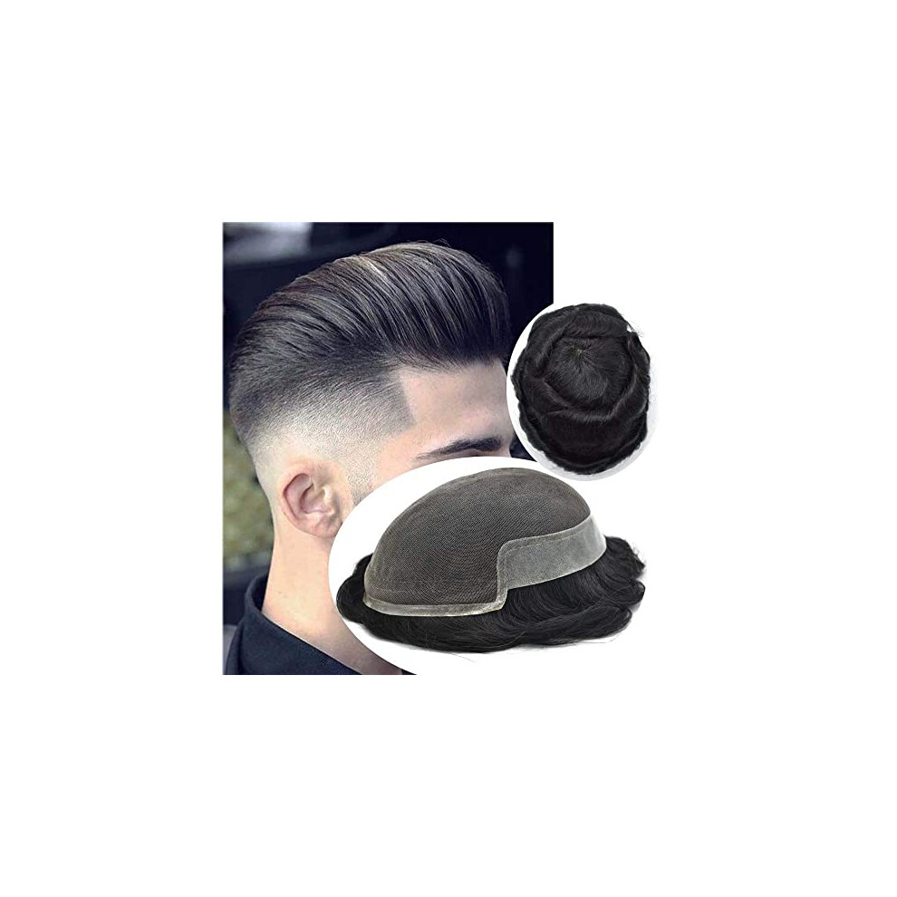 Unisex Black Men's Toupee 100% Human Hair Hairpiece With Invisible Hairline Swiss Lace Pu Skin 8X10 Jet