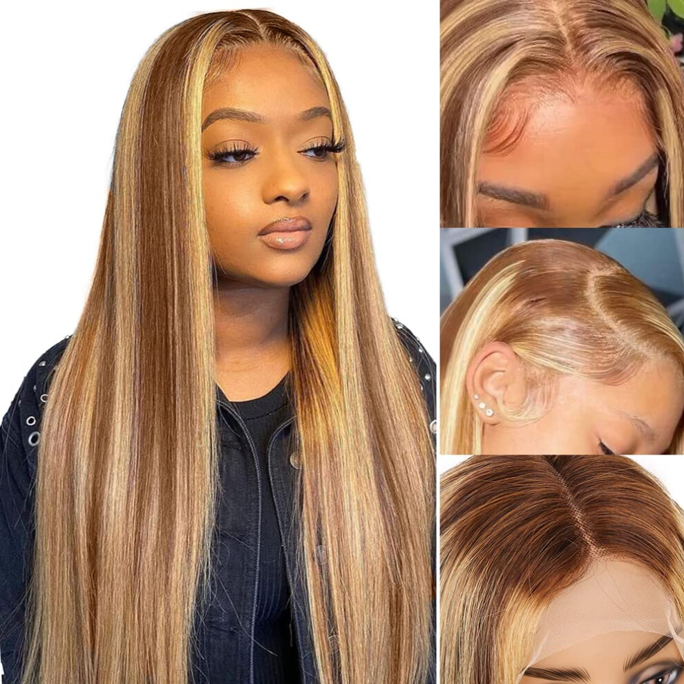 Unisex Ombre 5/27 Straight 13X4 Hd Lace Front Wig 22Inch Pre Plucked Glueless Brazilian Virgin Hair 150% Density