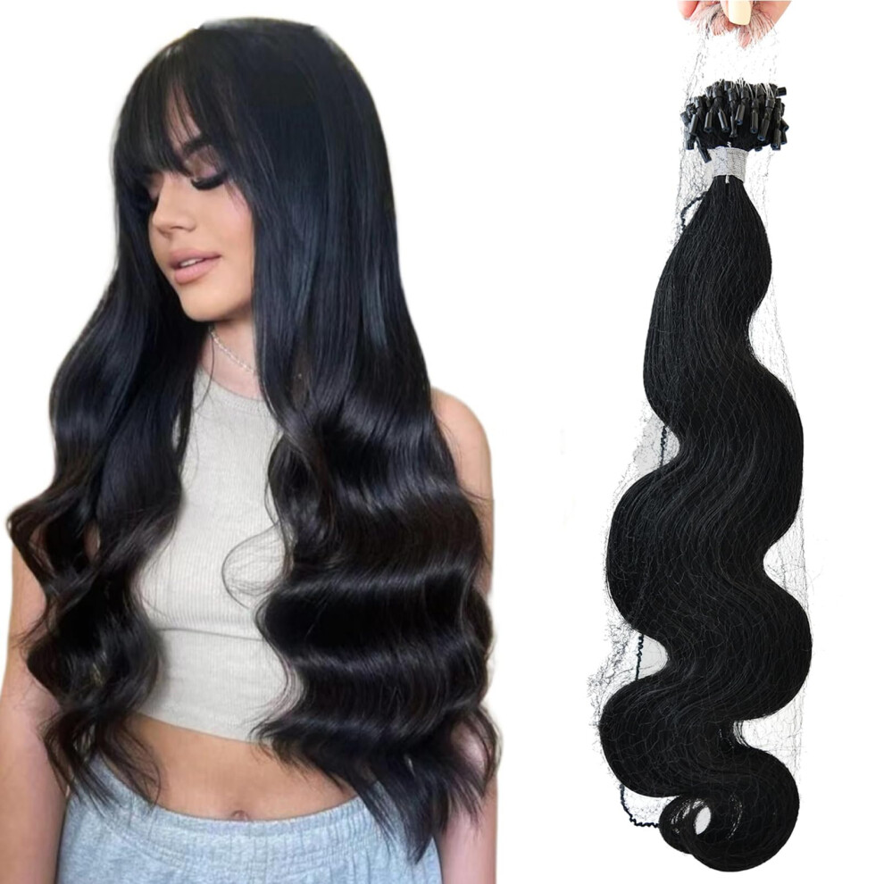 Unisex Black 16 Inch Micro Loop Hair Extensions Body Wave Remy Human Hair Jet Microlink 50S 50G