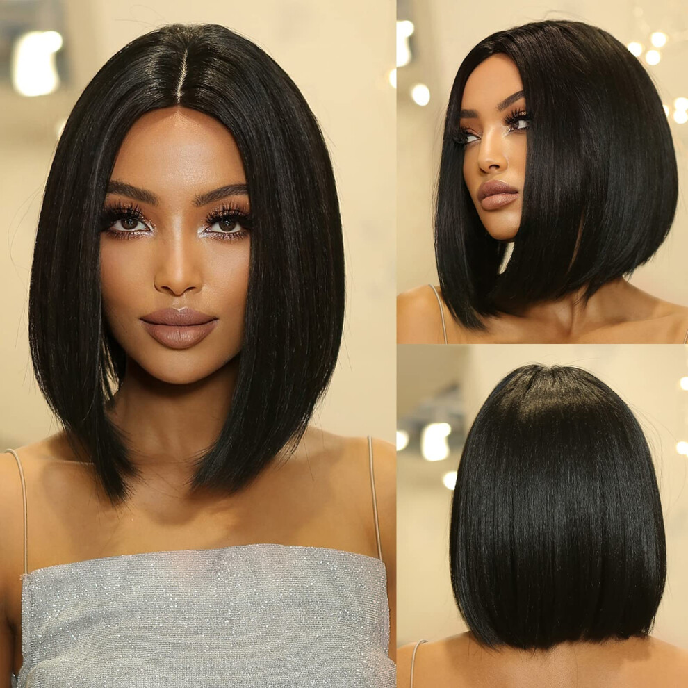 Unisex Black Short Bob Wig With Middle Part Synthetic For Women Cosplay And Daily Wear