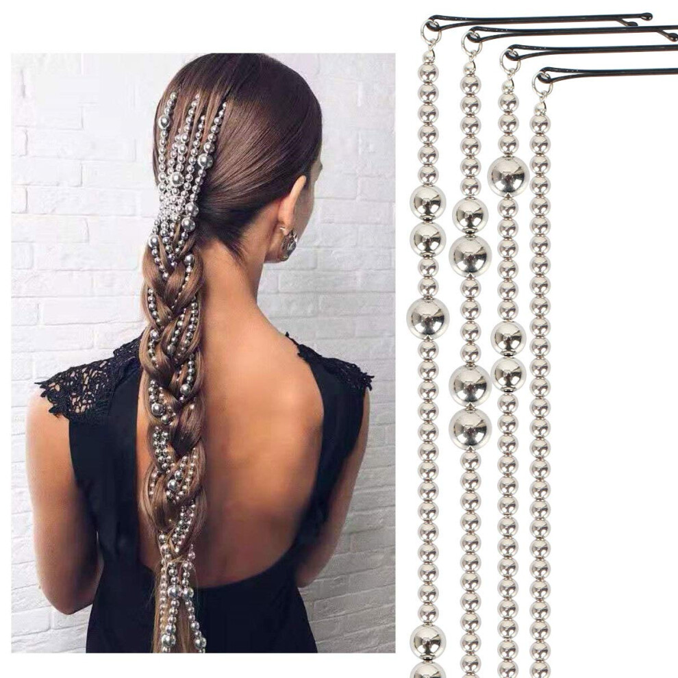 Unisex Silver Multistrand Hair Extension Chains With Clips For Braids And Dreadlock Tassel Jewelry, 4Pcs