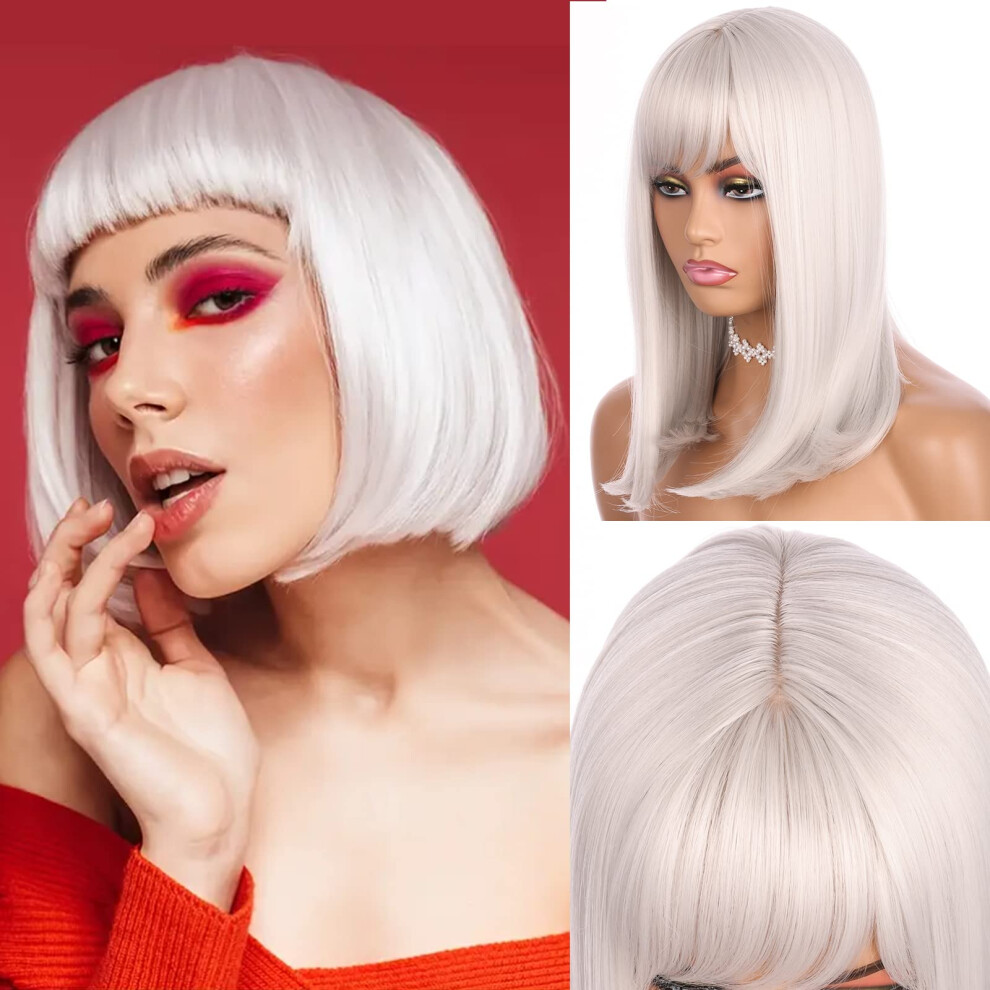 Unisex Silver Platinum Blonde Straight Bob Wig With Bangs Medium Length Synthetic Natural Look For Women