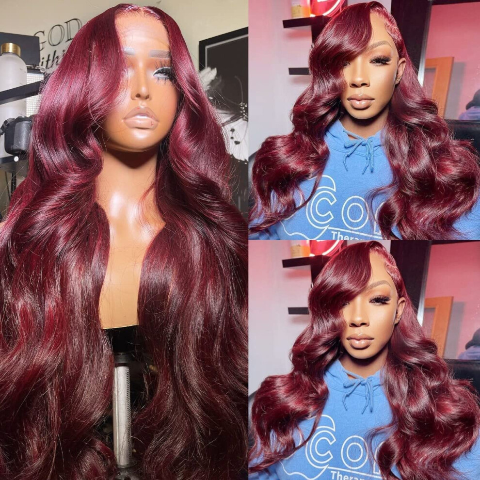 Unisex Red 99J 18 Inch Hd Lace Front Brazilian Remy Human Hair Wig Invisible Wave Preplucked Natural Hairline