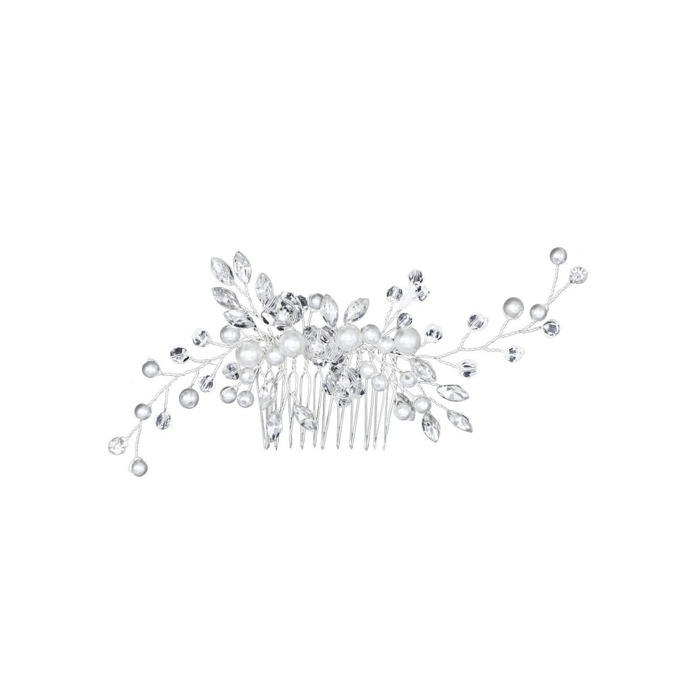 Unisex White,Silver Bridal Pearl Hair Comb With Rhinestones Silver Wedding Hairpiece Elegant Floral Design For Brides