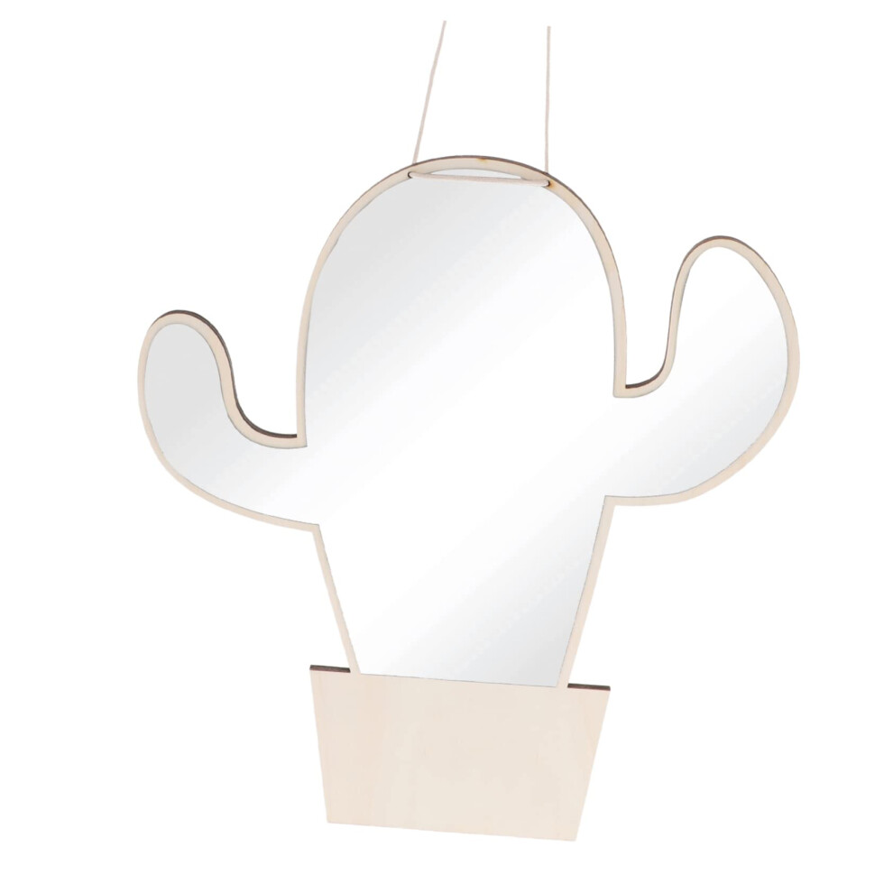 Nursery Wall Mirror Cactus Design Shatterproof Wooden Decorative Mirror for Kids Room Khaki