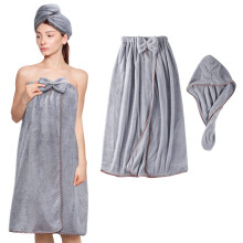 Women's Bath Wrap Towel with Microfiber Hair Towel Set, Quick Dry, Adjustable Fit, Grey