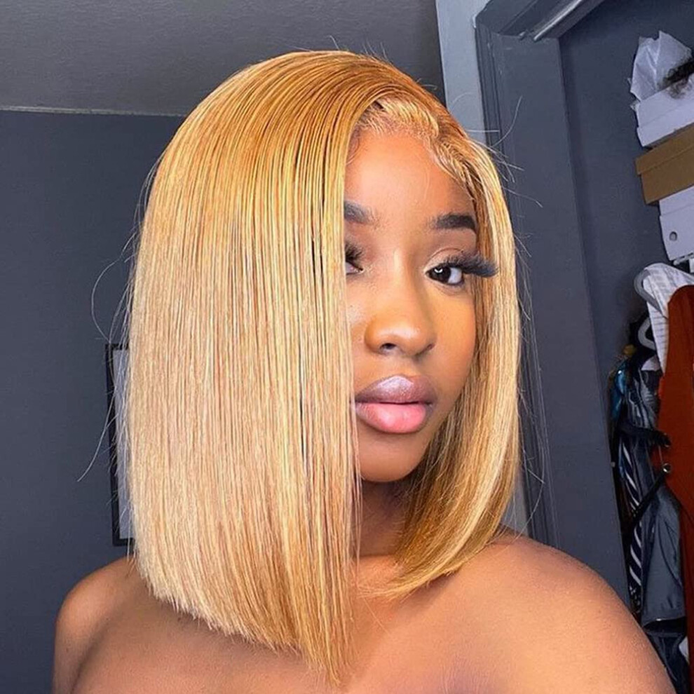 Unisex Honey Blonde Lace Front Wig Human Hair Bob 13X4 Hd Glueless Pre Plucked 180% Density 12 Inch