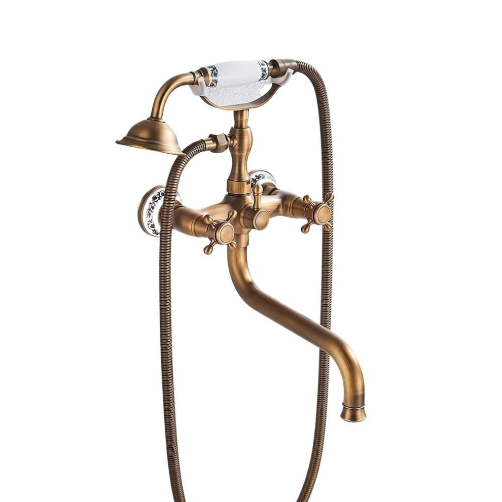 Antique Brass Wall Mounted Bathtub Faucet With Long Spout And Handheld Shower Mixer Tap (Type B) Ref: 2097 9164114125910