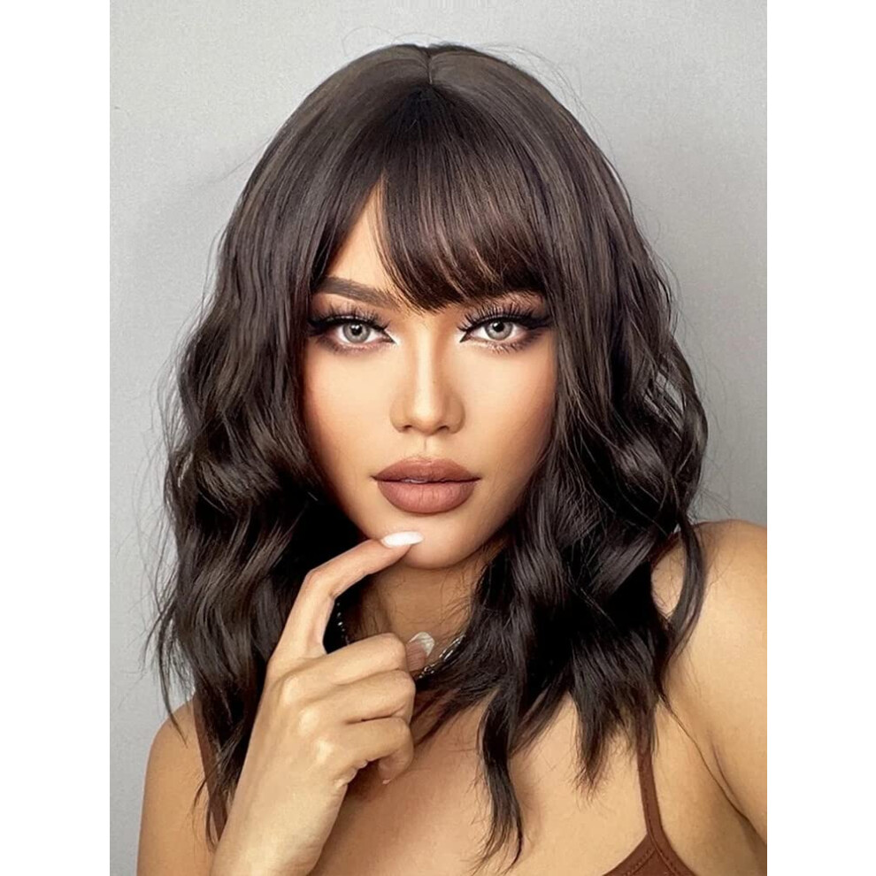 Unisex Brown Short Wavy Bob Wig With Bangs Curly Heat Resistant Synthetic Cosplay Hair 12Inch