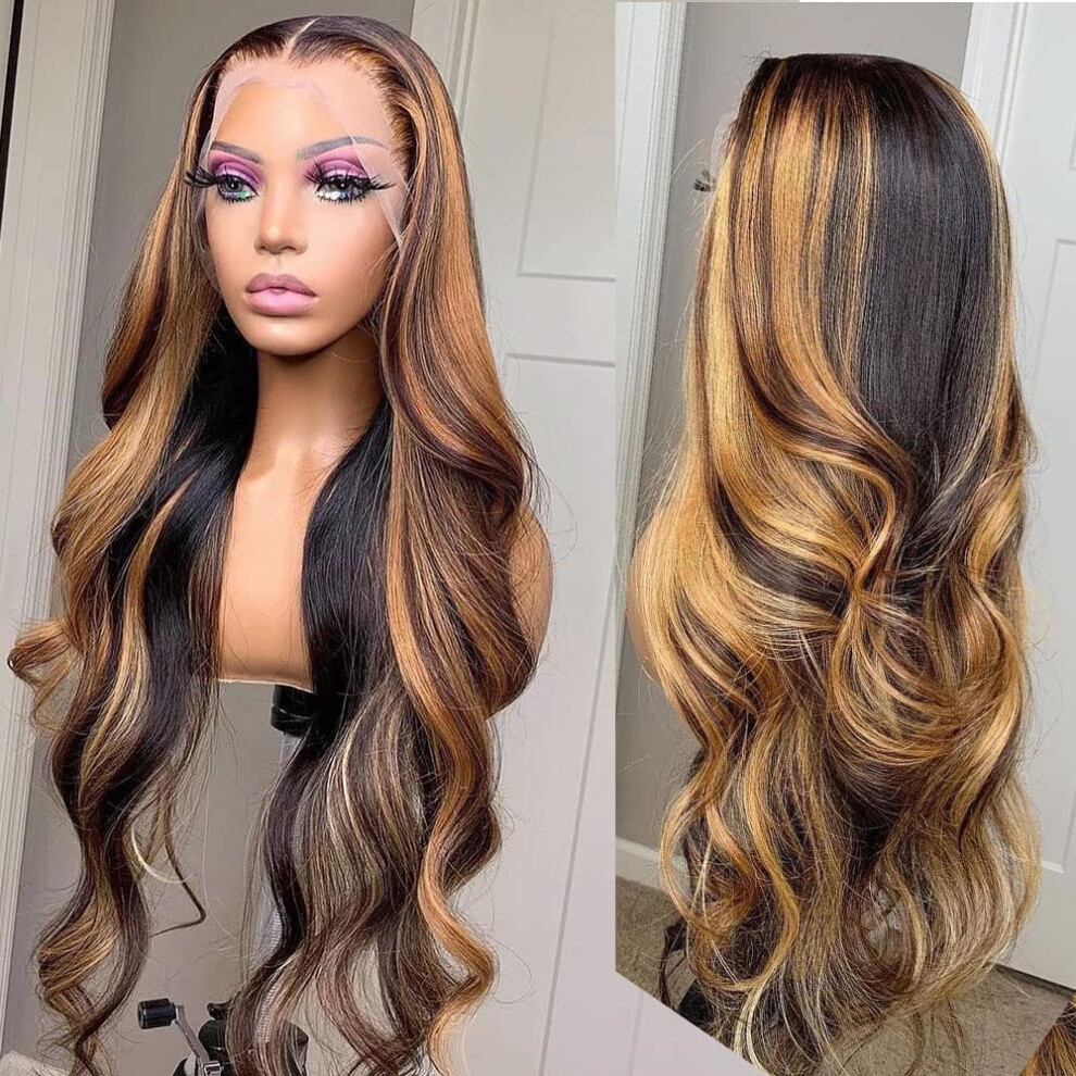 26 Inch Honey Blonde Body Wave Lace Front Wig Human Hair 427 Highlight Ombre Pre Plucked