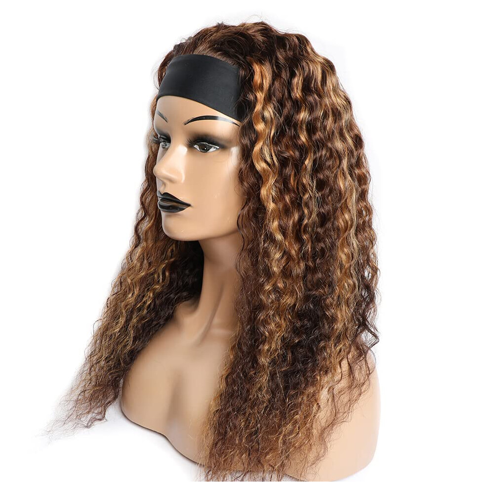 Unisex Black,Brown 26 Inch Ombre Brown Honey Blonde Headband Wig Curly Human Hair Glueless Deep Wave For Black Women
