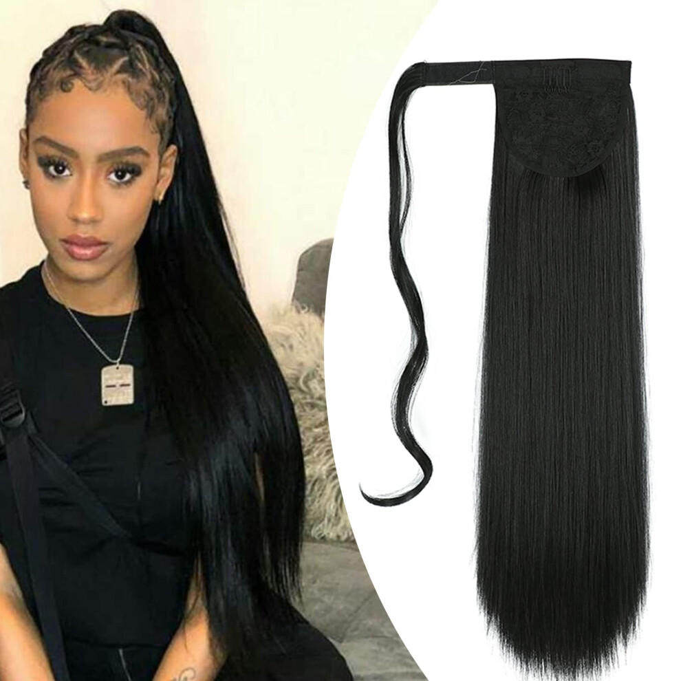 Unisex Black Clip In Ponytail Extension Jet 24 Inch Long Straight Wrap Around Synthetic Hairpiece