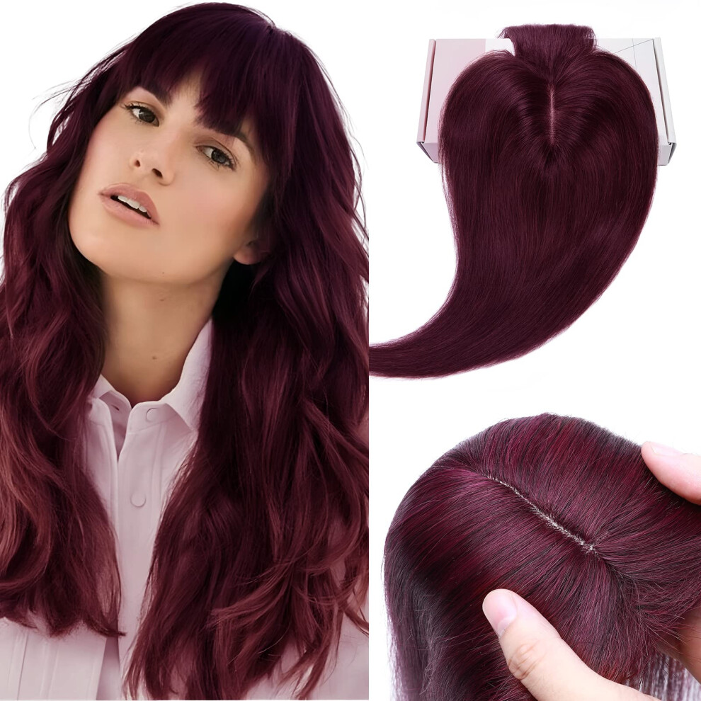 Unisex Red 10 Inch Burgundy Human Hair Topper With Bangs For Thinning Hair, Clip In For Instant Volume Boost