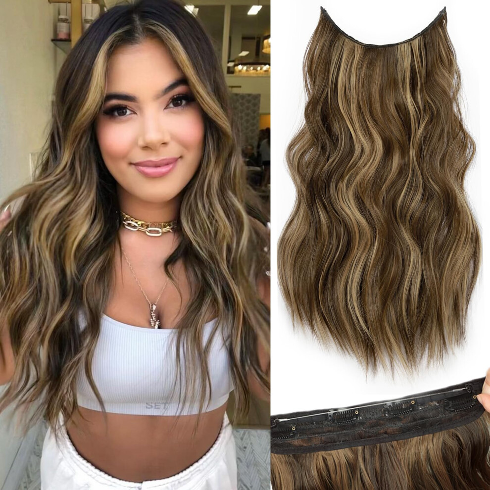Unisex Brown 16 Inch Invisible Wire Hair Extensions With Clips Balayage To Caramel Blonde Wavy Hairpiece