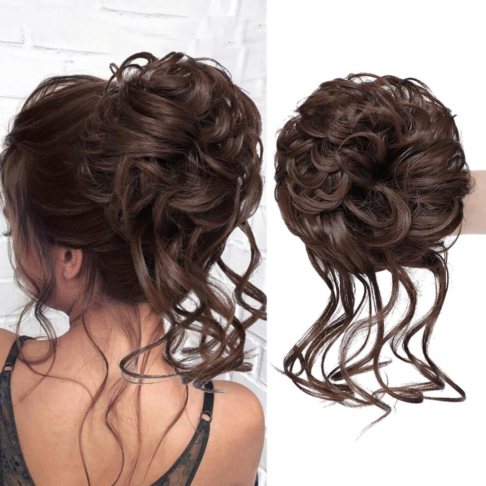 Messy Bun Hair Piece Bronze Brown Curly Wavy Hair Bun Extension with Secure Elastic Band