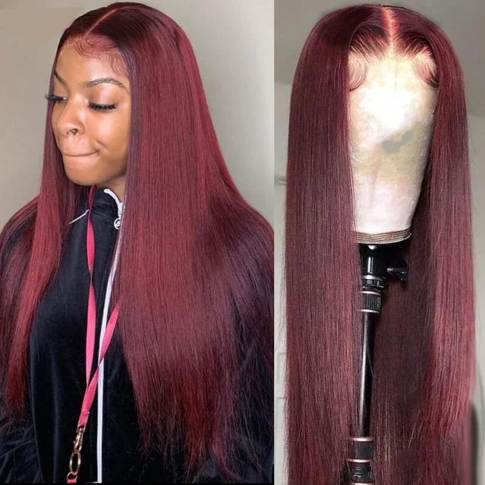 99J Burgundy Straight Human Hair Lace Front Wig 28 Inch PrePlucked Brazilian Virgin Hair